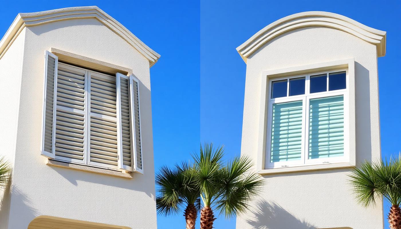 Illustrative before-and-after comparison of a coastal condo window: accordion hurricane shutters covering an opening shown beside a clean new impact window with no shutters.