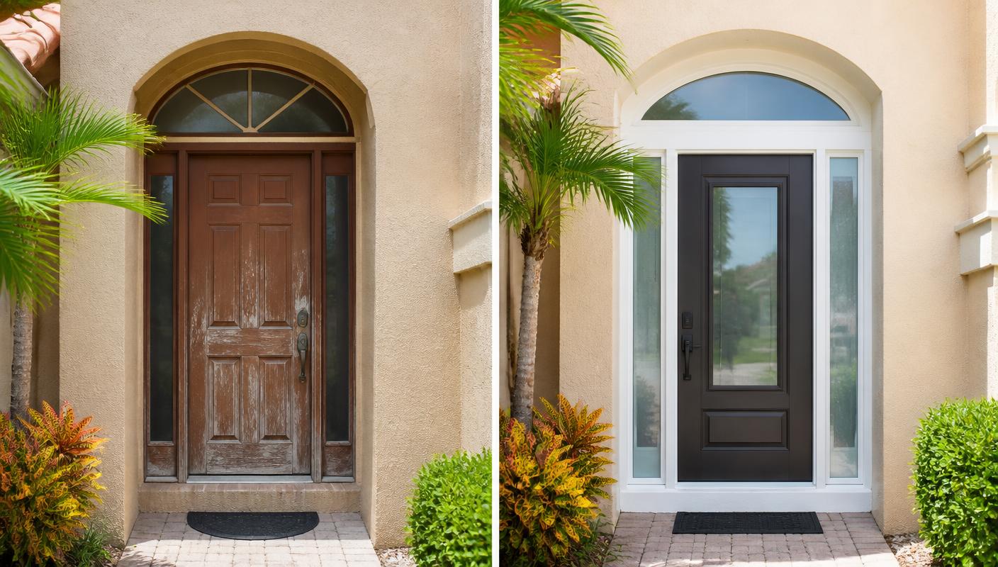Illustrative before-and-after comparison of a front entry: a faded wooden door with peeling finish shown beside a new impact-rated entry door with glass sidelites.