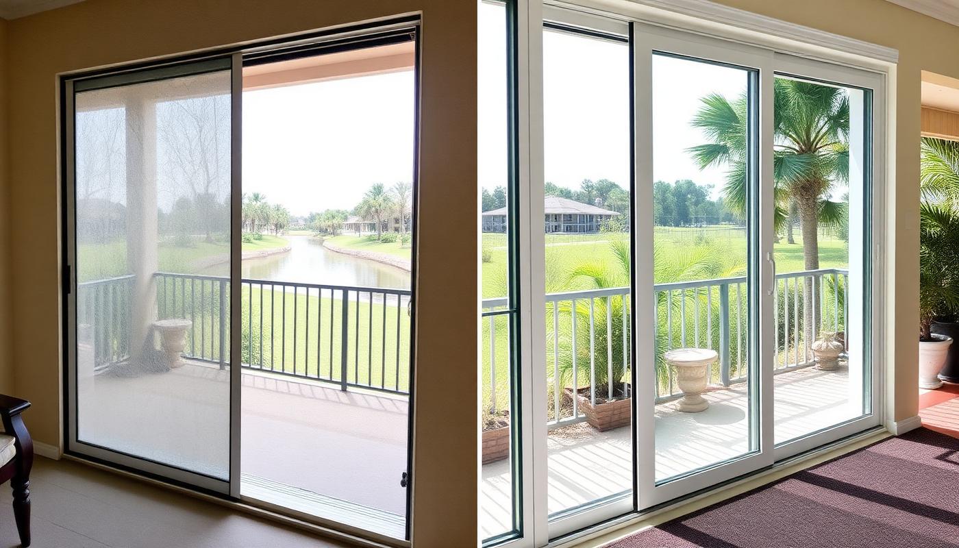 Illustrative before-and-after comparison of a patio slider: an old scratched sliding glass door with a worn track shown beside a new impact slider with clear glass and clean tracks.
