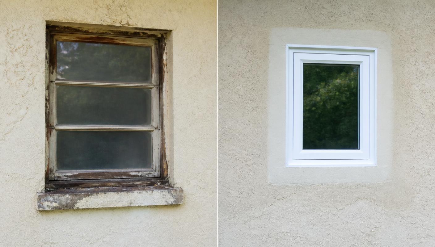 Illustrative before-and-after comparison of a small utility window: a rotted, stained frame shown beside a new white impact unit with a fresh stucco patch.