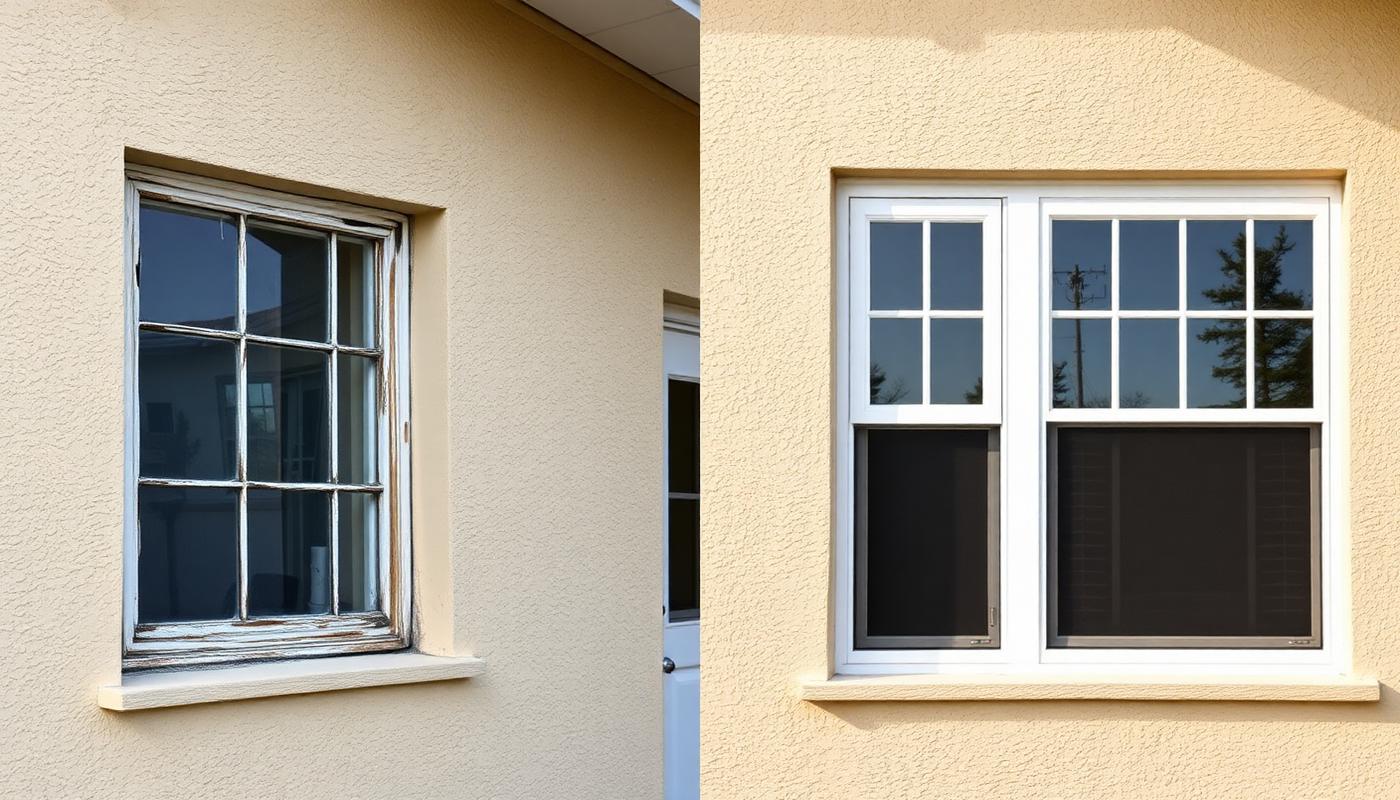 Illustrative before-and-after comparison of a stucco home window: a weathered single-pane aluminum window shown beside a new white-frame impact window.