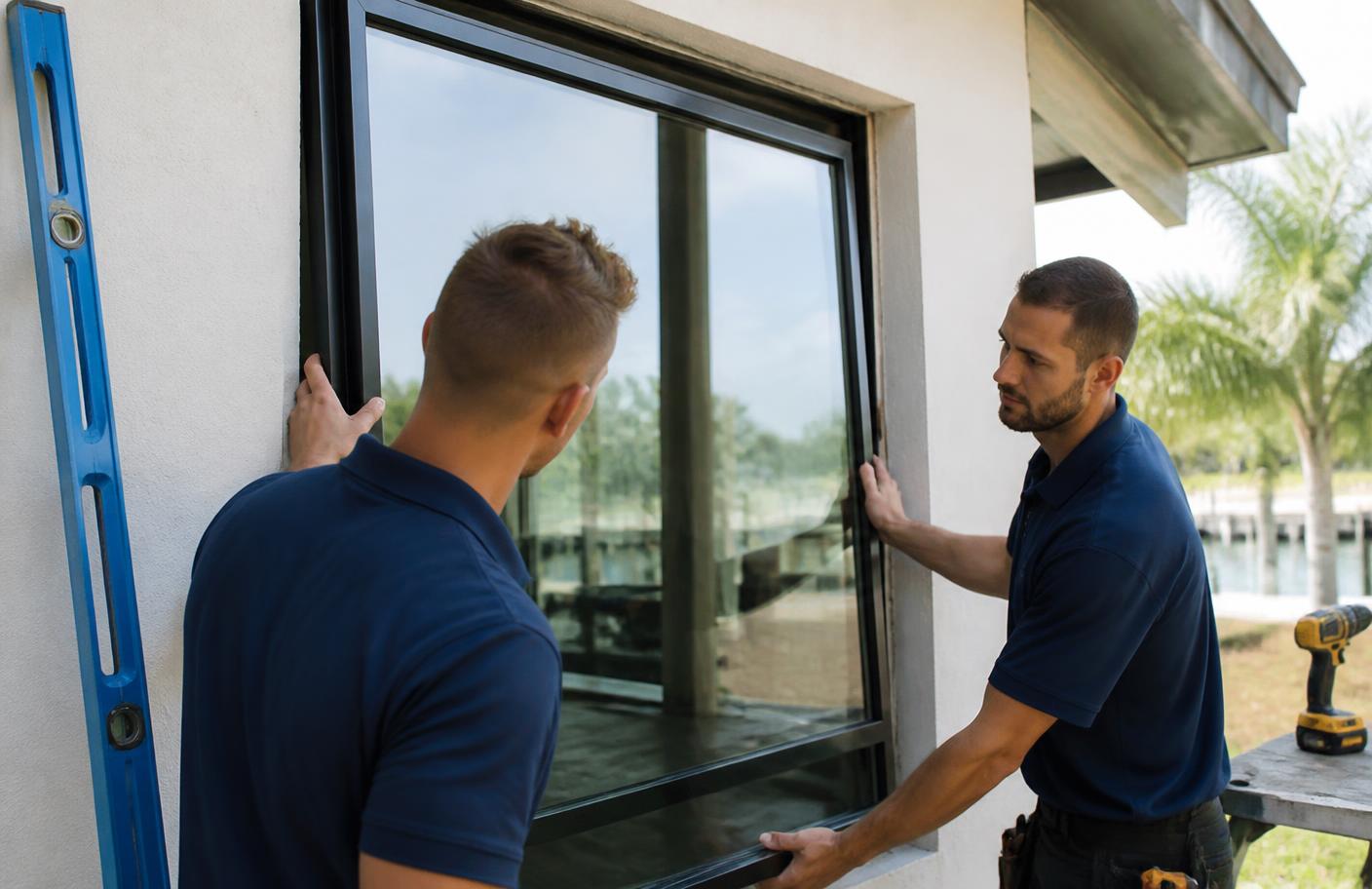 Illustrative example of two technicians setting a large impact window into a wall opening